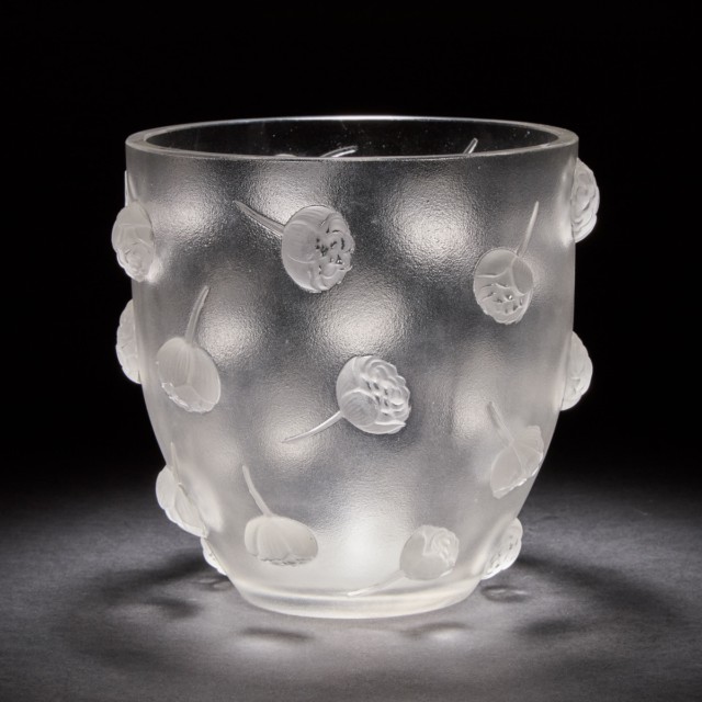 ‘Pivoines’, Lalique Moulded and Frosted Glass Vase, 1930s