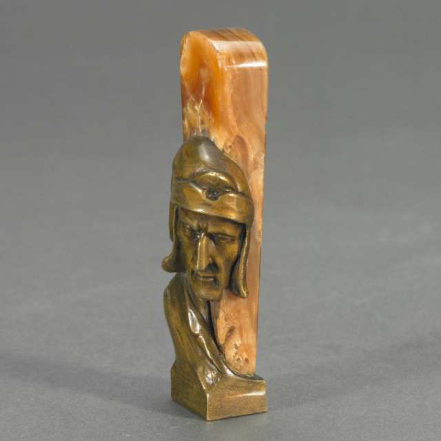 Italian Onyx Mounted Patinated Bronze Desk Seal Modelled with High Relief Profile of Dante, early 20th century