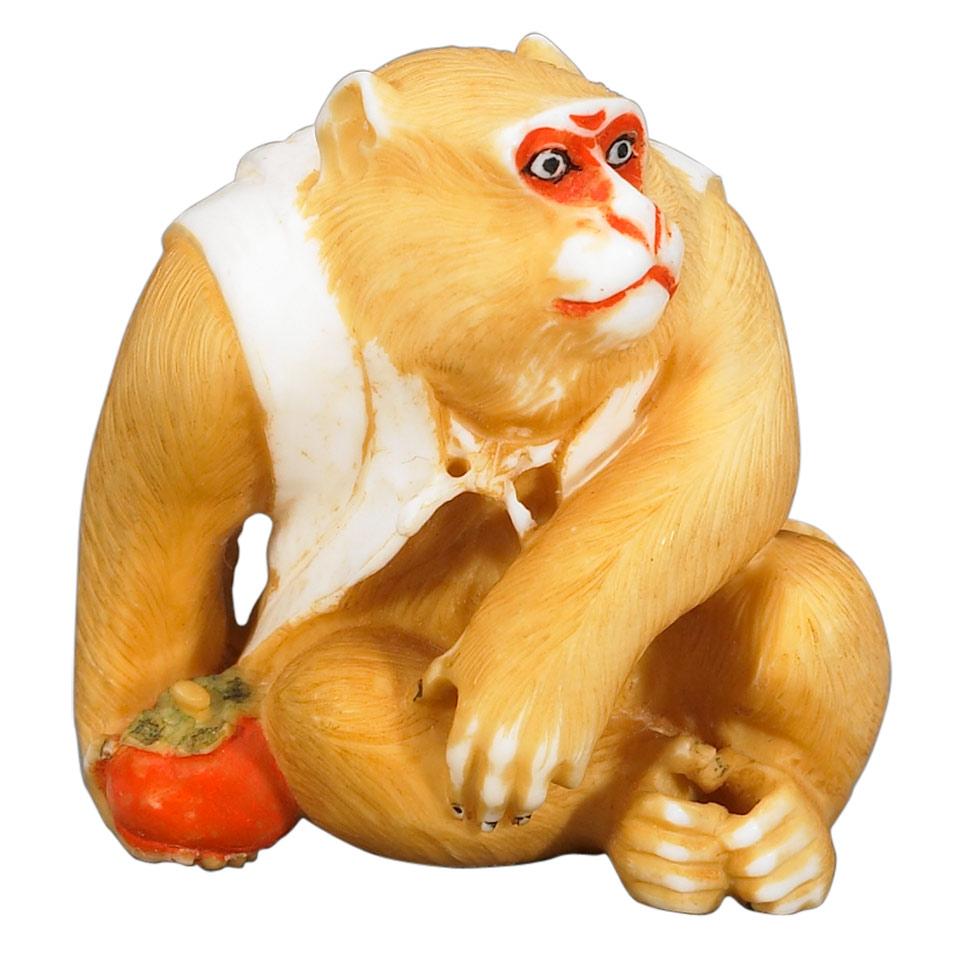 Contemporary Tinted Ivory Netsuke of a Monkey