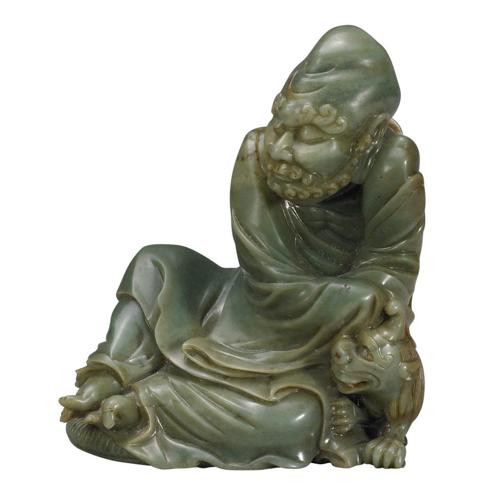 Spinach Green Jade Figure of a Lohan, Early 20th Century