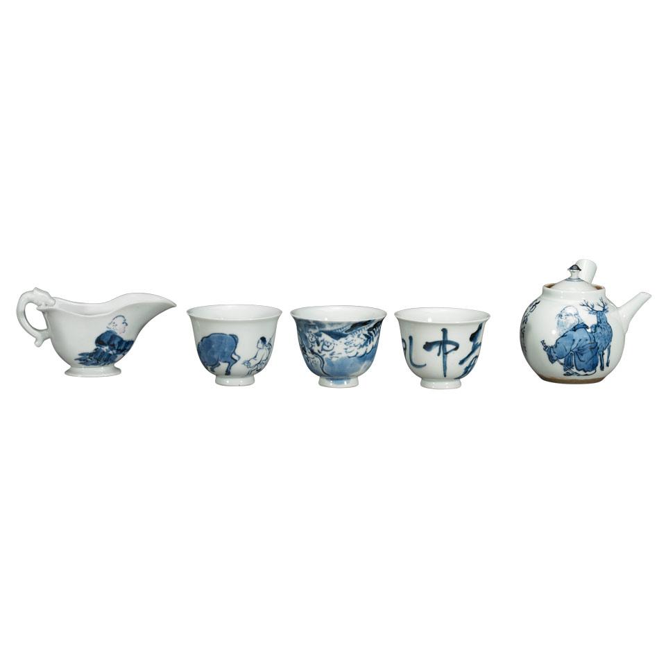 Complete Set of Five Blue and White Tea Ceremony Utensils, 19th Century 