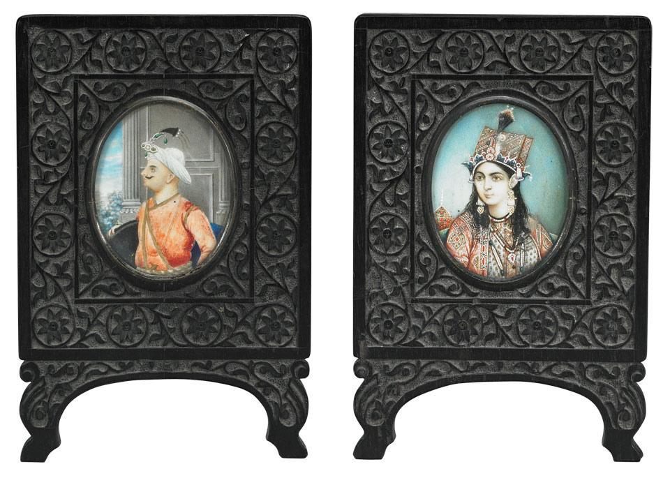 Pair of Ebony Carved Stands with Ivory Portraits, 19th Century