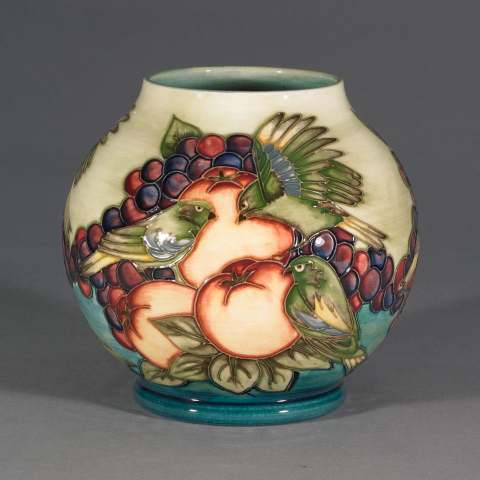 Moorcroft Finches Vase, Sally Tuffin and Mary Etheridge, dated 1988