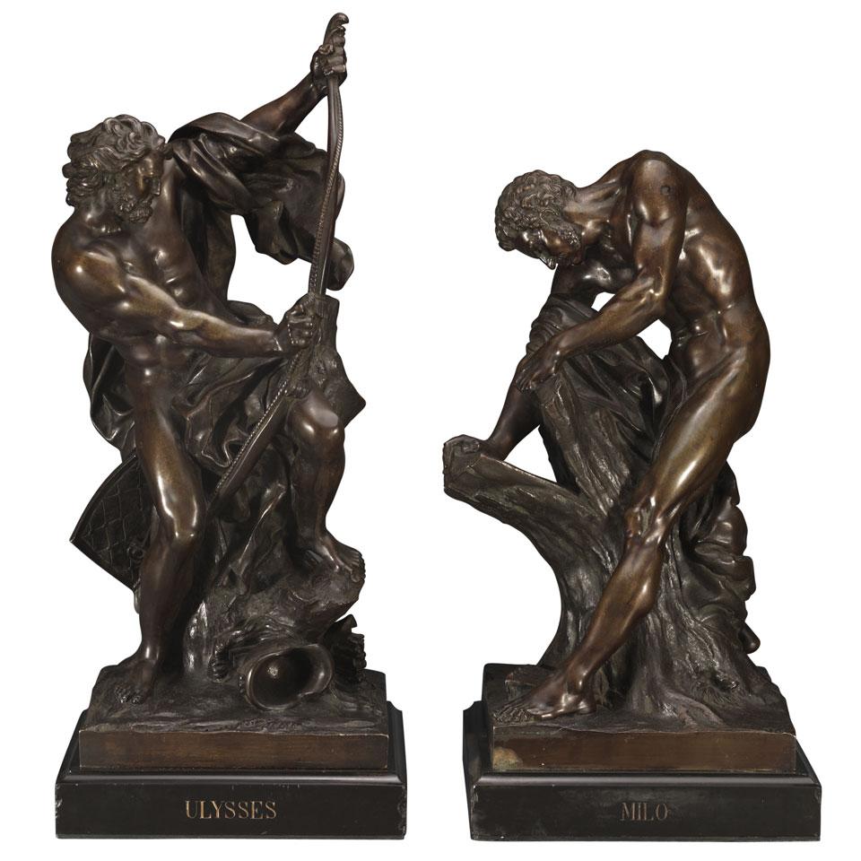 Pair of French Bronze Figures of Ulysses Stringing His Bow and Milo of Croton Rending an Oak Tree, 19th century