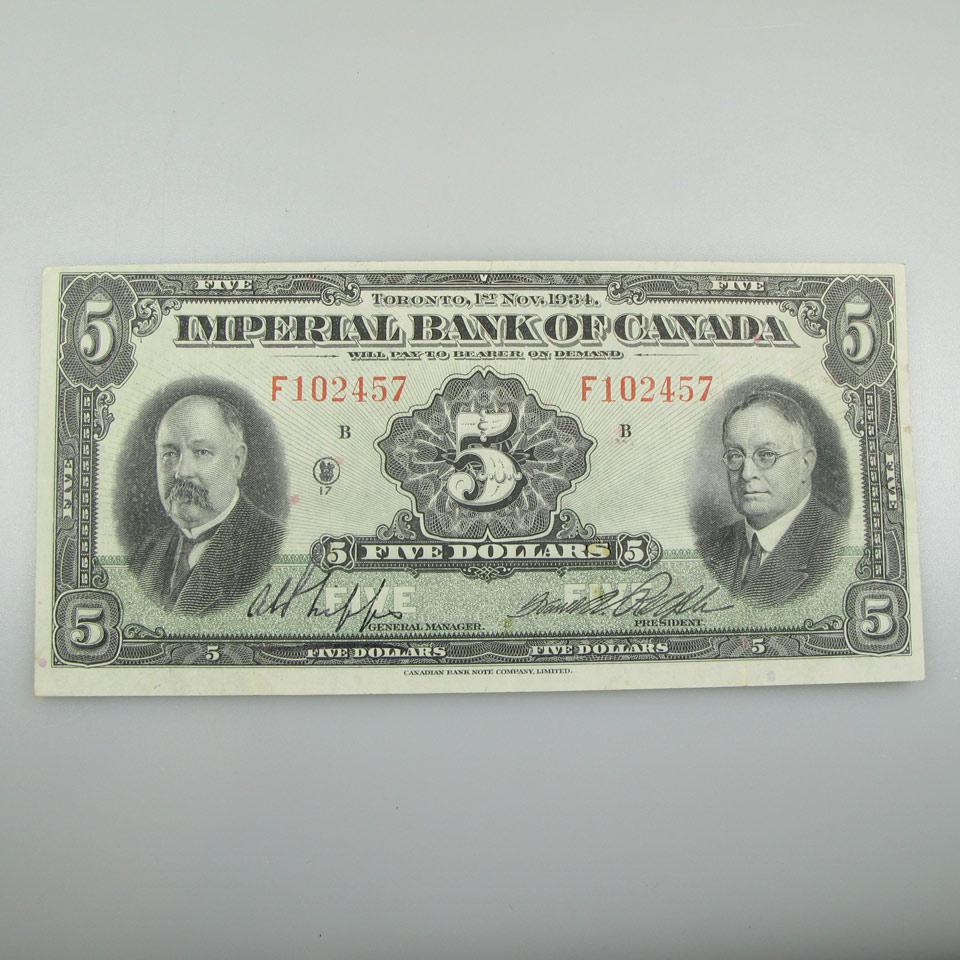 Imperial Bank Of Canada 1934 $5 Bank Note