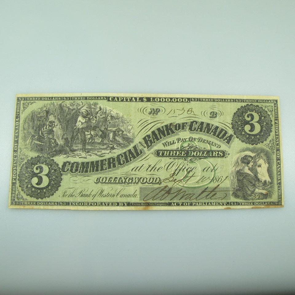 Commercial Branch Bank Of Canada 1861 $3 Bank Note