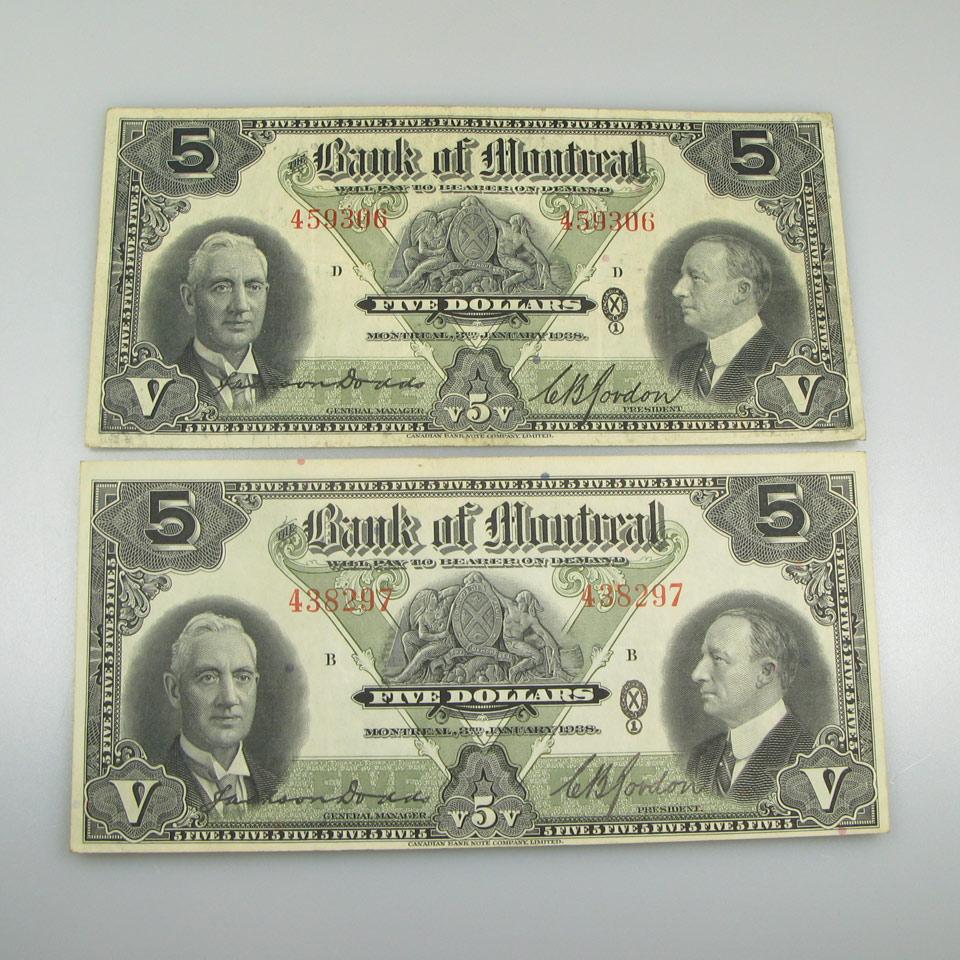 Two Bank Of Montreal 1938 $5 Bank Notes