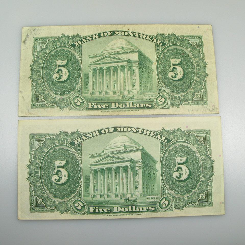 Two Bank Of Montreal 1938 $5 Bank Notes