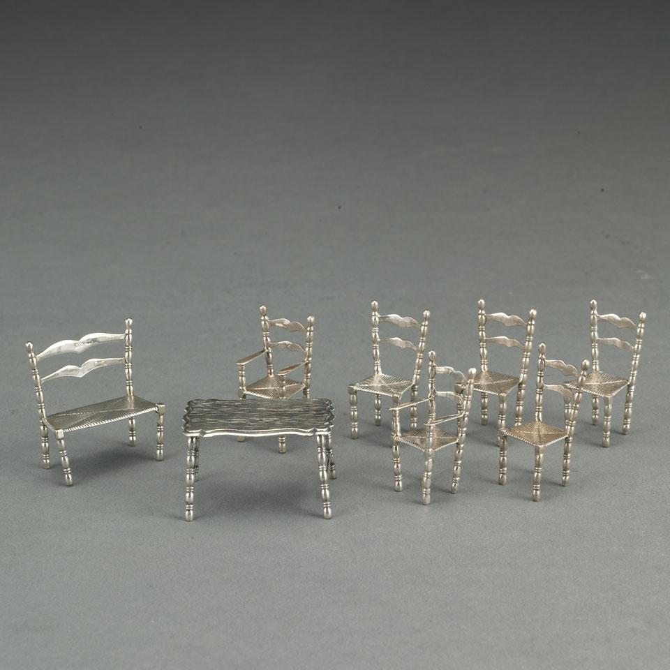 Dutch Silver Miniature Table, Six Chairs and a Bench, 20th century