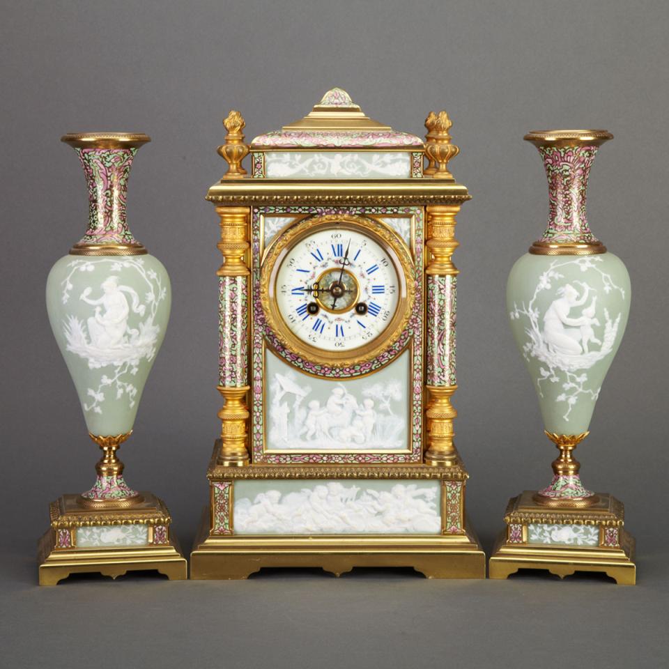 Three Piece French Biscuit Porcelain Mounted and Cloisonné Enamelled Gilt Bronze Clock Garniture, c.1910