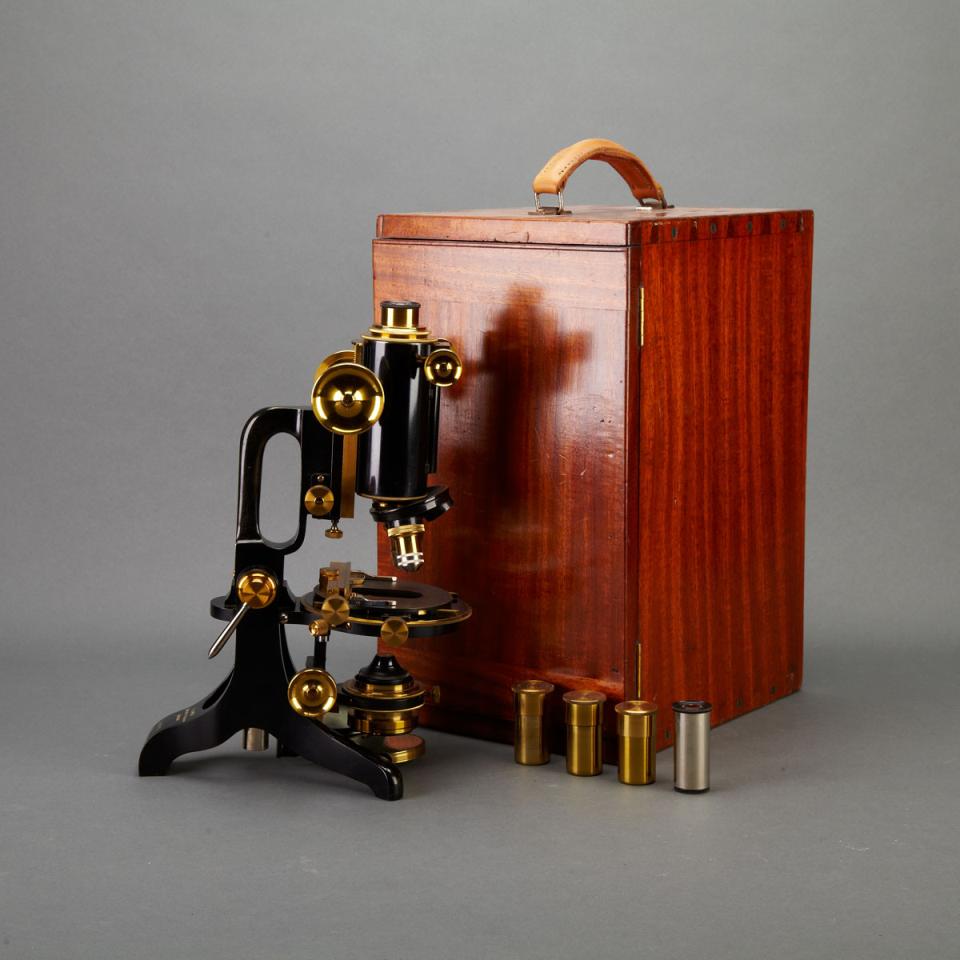 Royal Microscopical Society Black Enamelled and Lacquered Brass Compound Microscope, C. Baker, London, c.1915