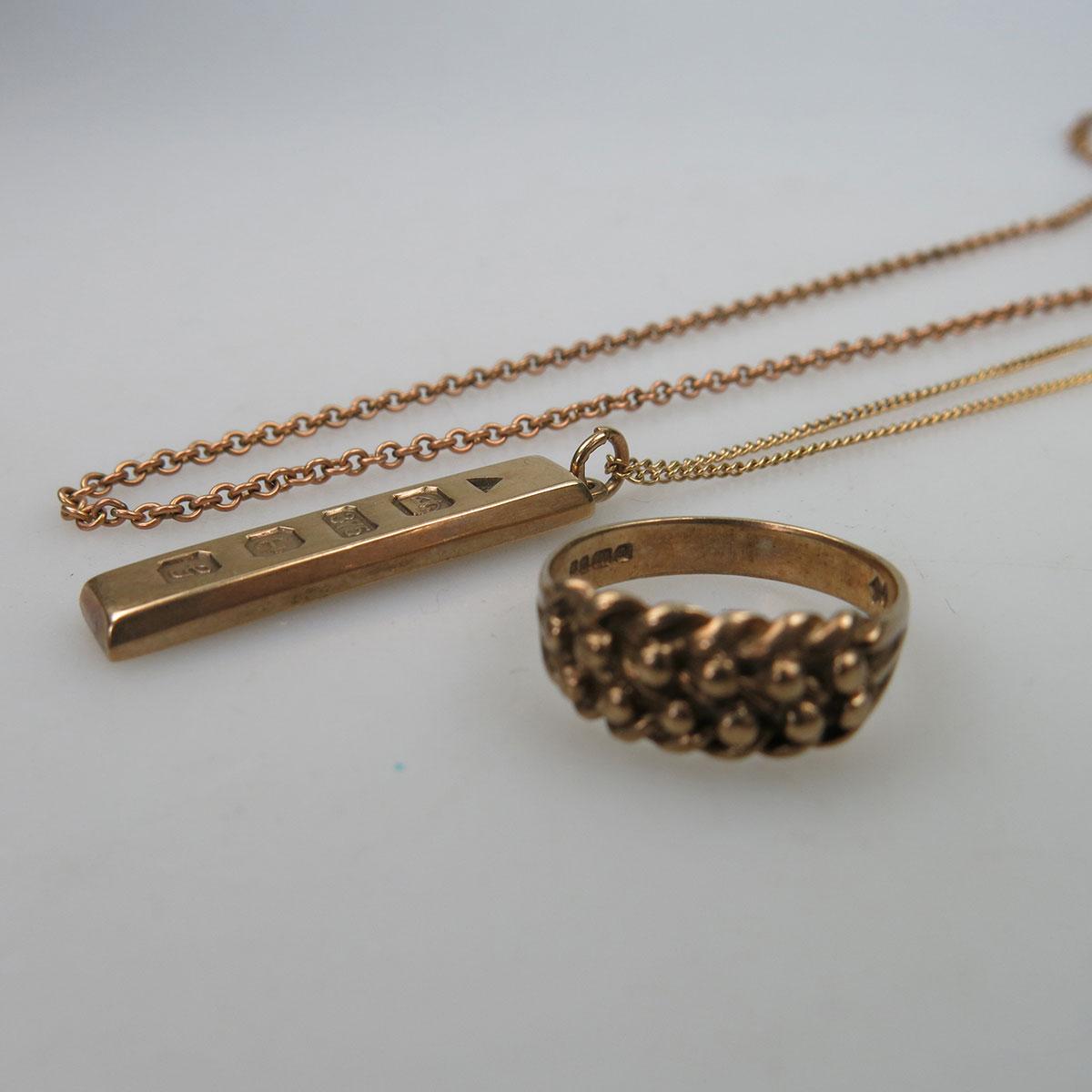 9k Gold Ring, Pendant And Two Chains