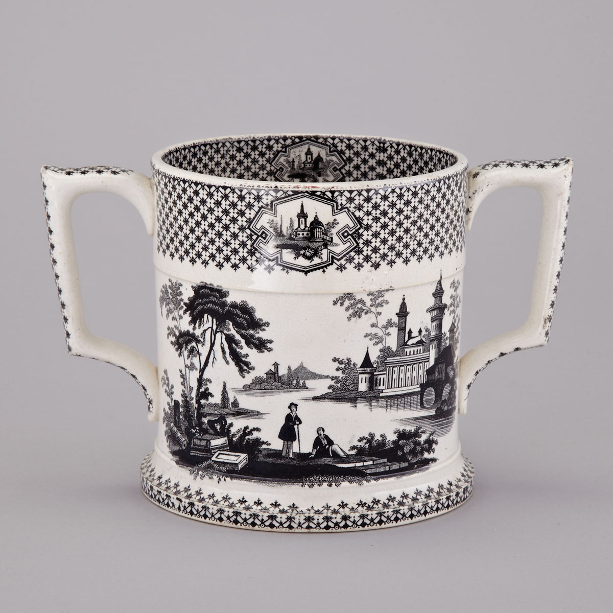 Staffordshire Black Transfer Printed Two-Handled Cup, mid-19th century