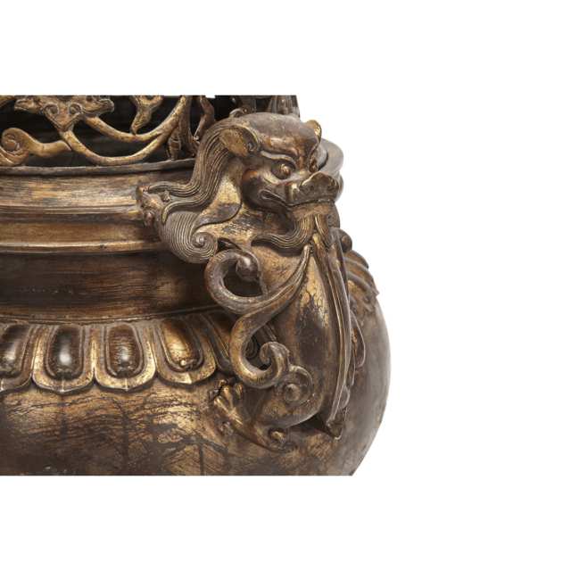A Rare and Massive Gilt Bronze Tripod Censer and Cover, 18th Century 