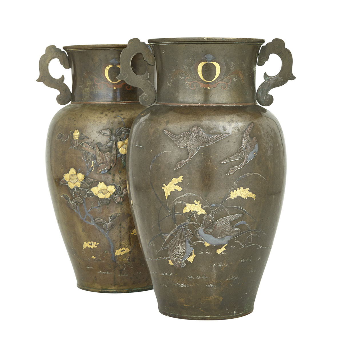 A Massive Pair of Japanese Bronze Inlaid Vases, Meiji Period (1868-1912) 