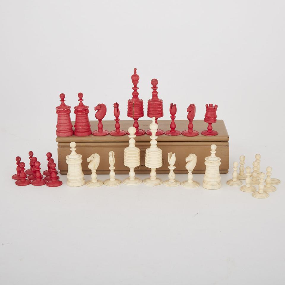 Victorian Turned and Polished Bone ‘Barleycorn’ Chess Set, mid 19th century